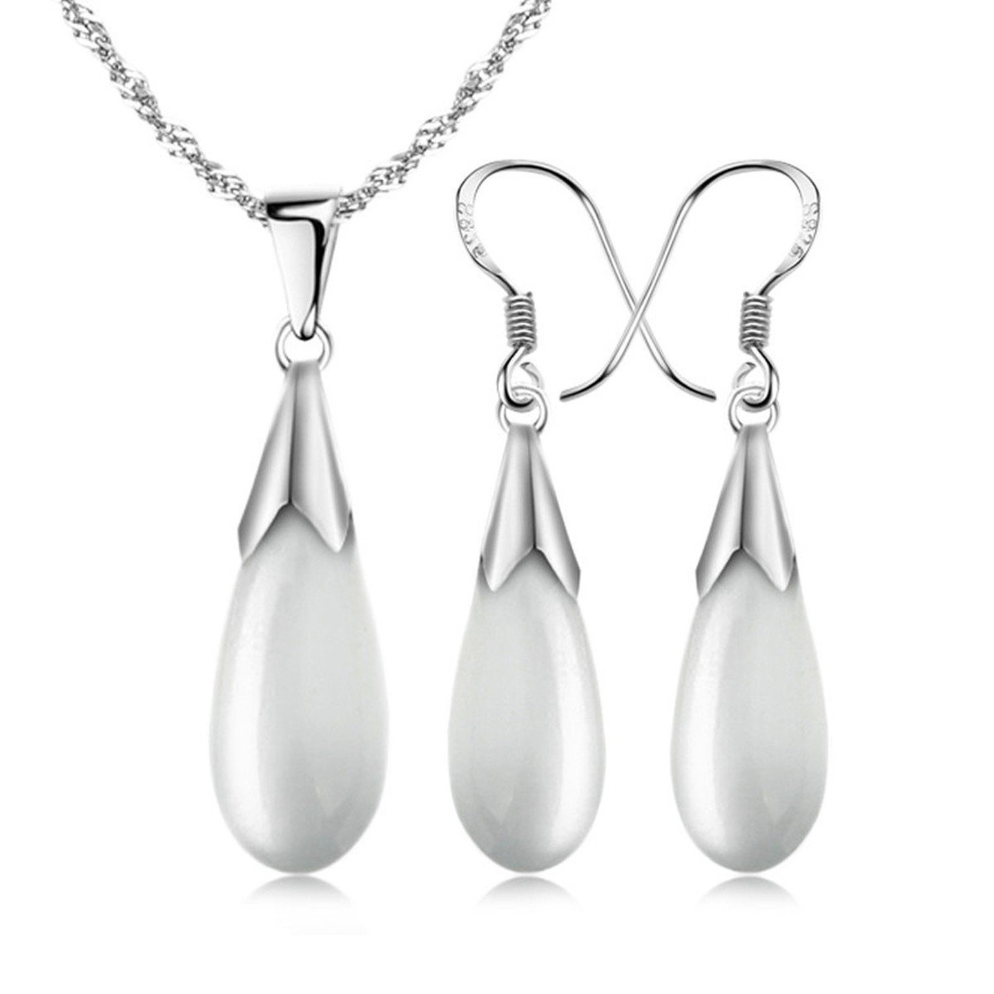 Ashiana 925 Sterling-Silver White Elegant Water-drop Cats Eye Pendant and Earrings set