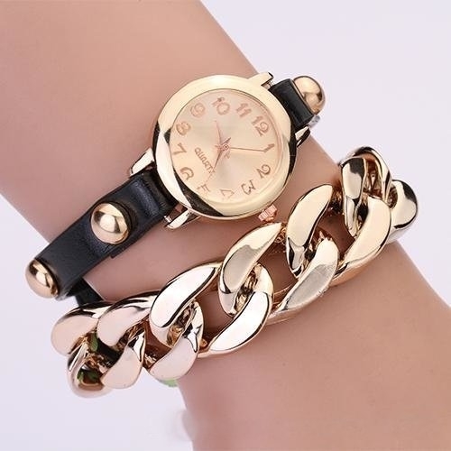 Ashiana stylish leather with gold bracelet watch - Black
