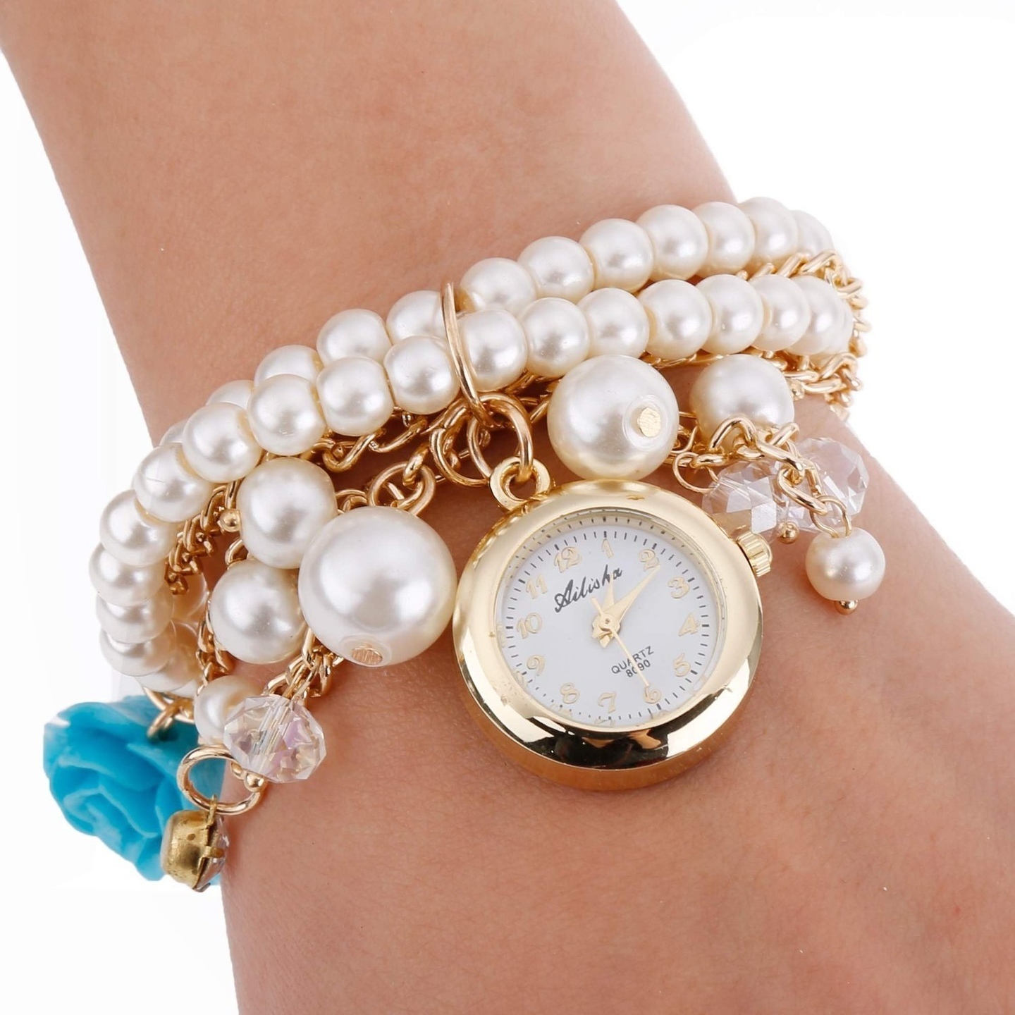 Ashiana stylish multi layer charm pearl bracelet style watch with Blue rose