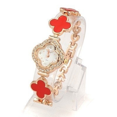 Ashiana stylish four flower metal and Rhinestone rose bracelet style red watch