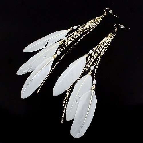 Ashiana Delicate White Feather and Rhinestone tassel Earrings