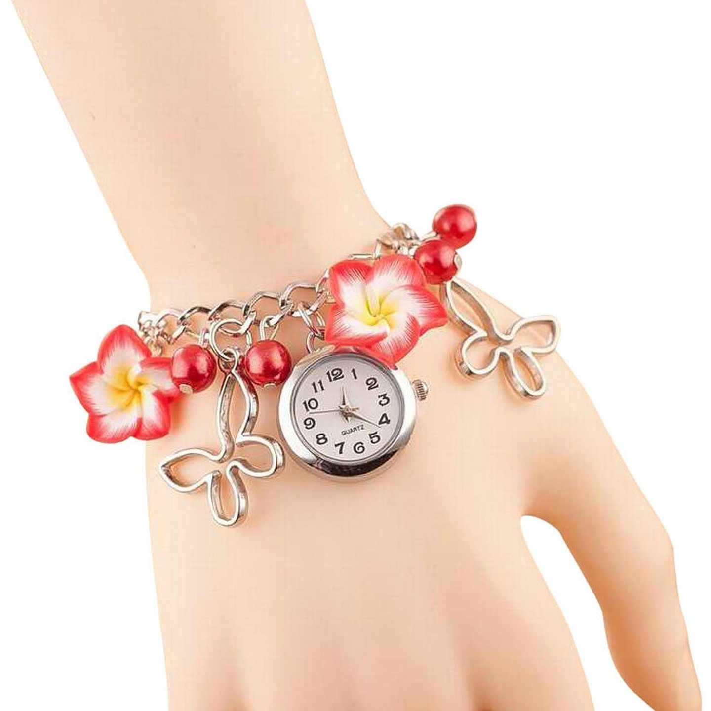 Ashiana Stylish Red Flower and Butterfly Charm Bracelet Style Watch