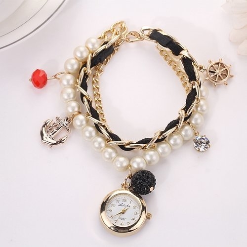 Ashiana stylish multi layer charm pearl and leather bracelet watch - black