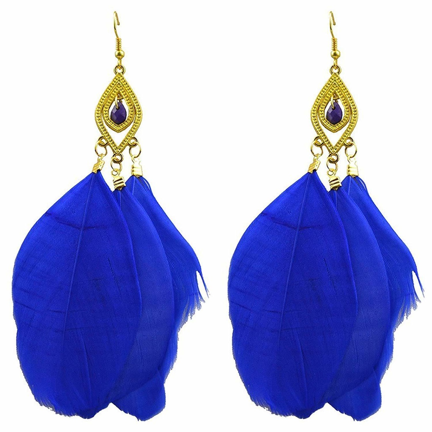 Ashiana Delicate Blue Feather Gemstone tassel Dangle Hook Pendant Earrings