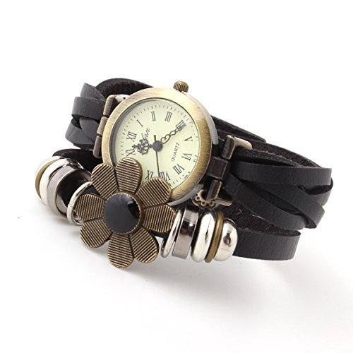 Ashiana stylish leather flower bracelet style watch - Black