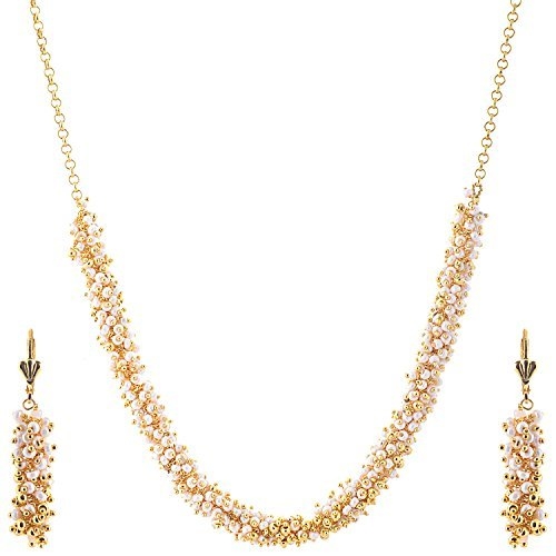 Ashiana Elegant white and gold beads cluster necklace set