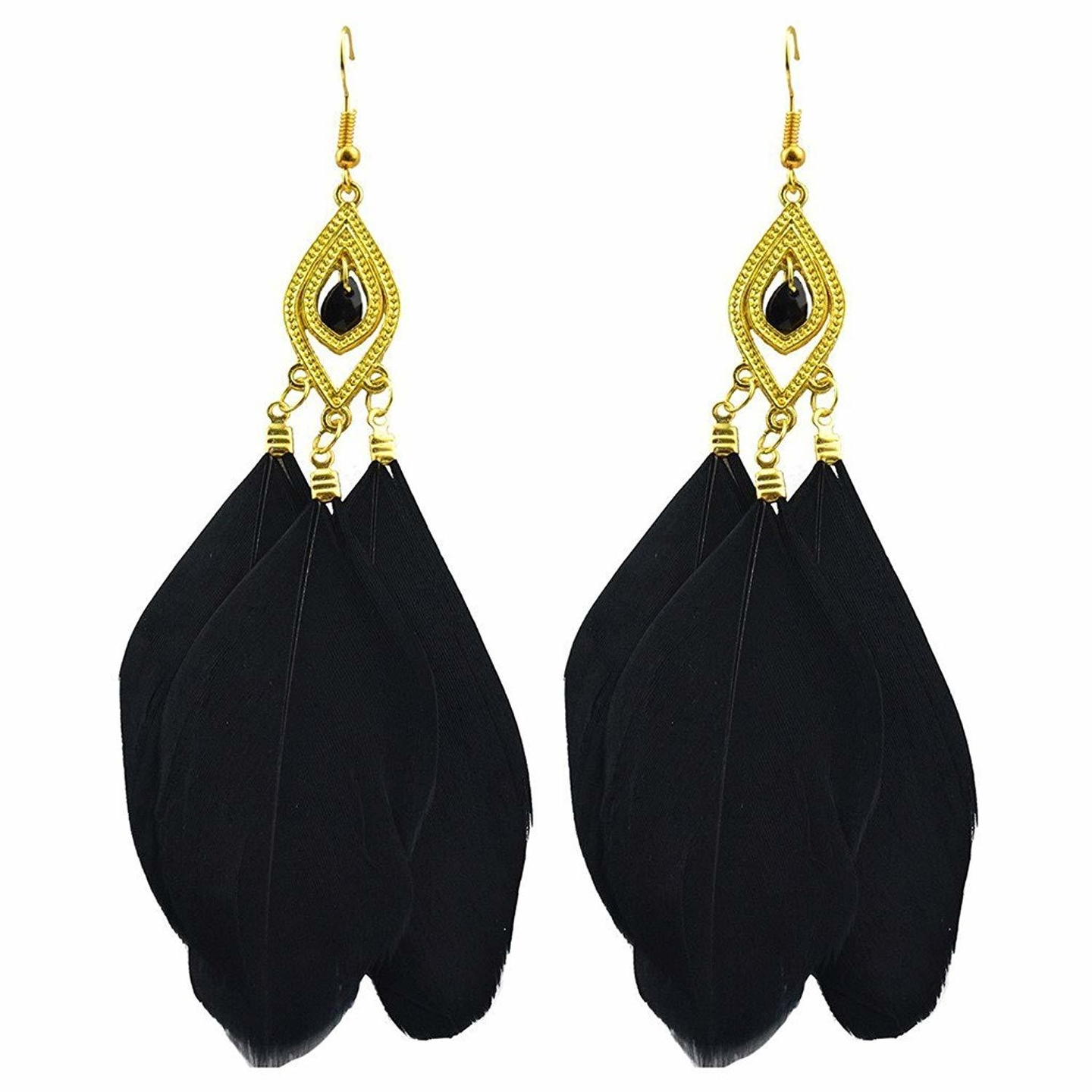 Ashiana Delicate Black Feather Gemstone tassel Dangle Hook Pendant Earrings