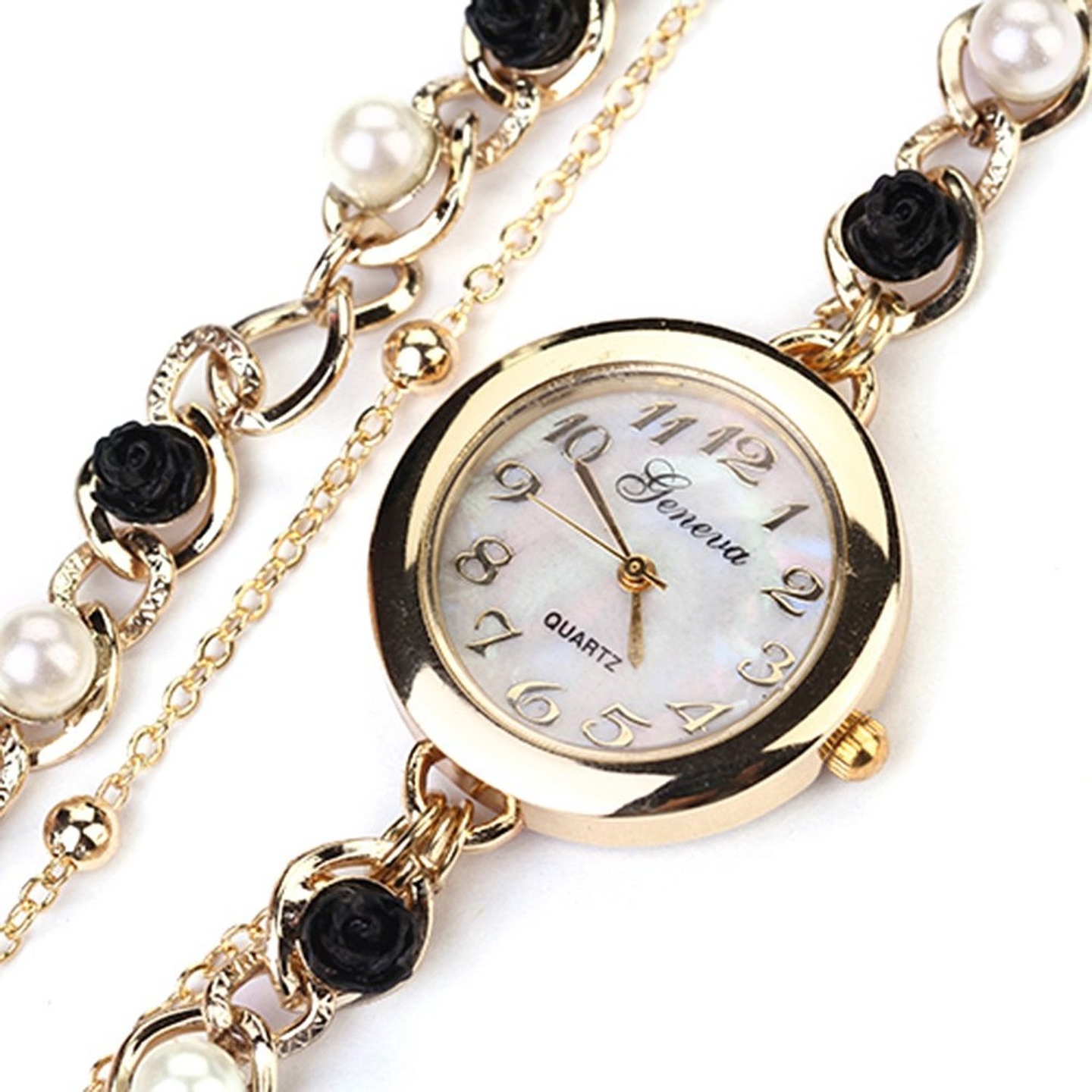 Ashiana Stylish Faux Pearl Black rose flower Bracelet Dress Wrist Watch