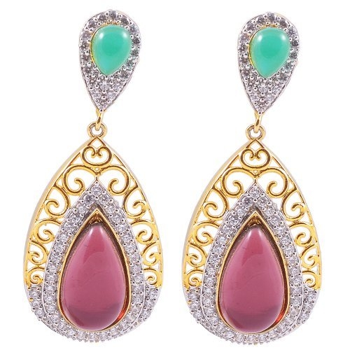 Ashiana Elegant Red And Green Chandelier earrings with semi precious stones