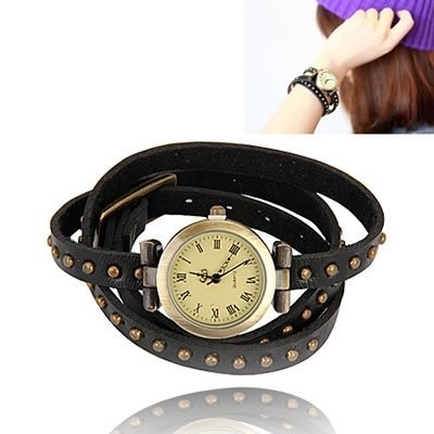 Ashiana stylish leather vintage classic bracelet style watch - Black