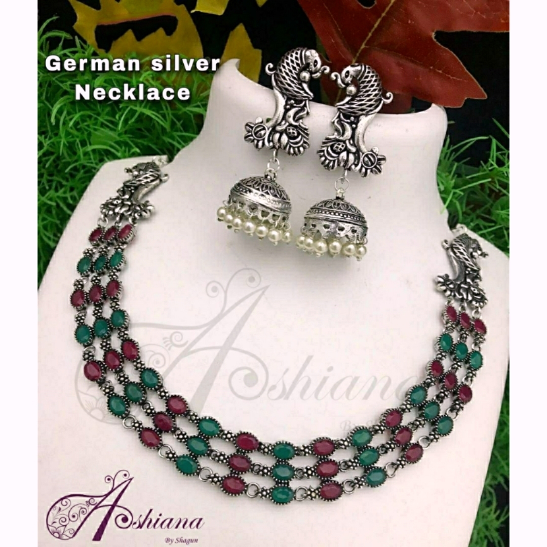 Oxidised German silver peacock stones jewellery set
