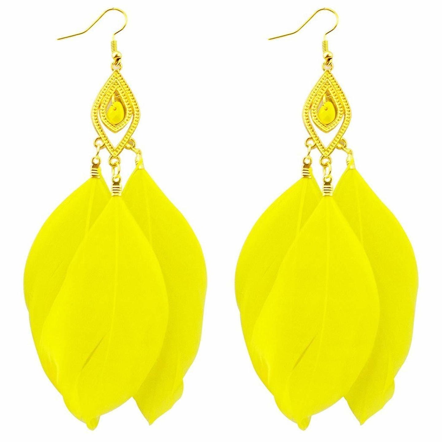 Ashiana Delicate Yellow Feather Gemstone tassel Dangle Hook Pendant Earrings