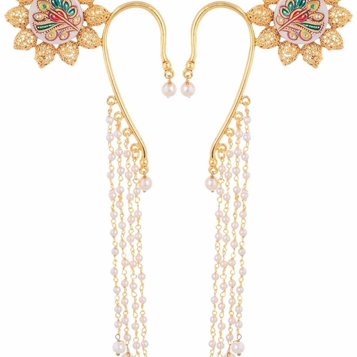 Ashiana Gold Flower with Marble Inlay work and Pearl Tassel Ear Cuff Earring