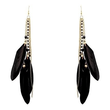 Ashiana Delicate Black Feather and Rhinestone tassel Earrings
