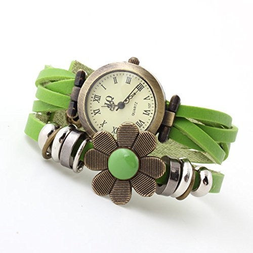 Ashiana stylish leather flower bracelet style watch - green