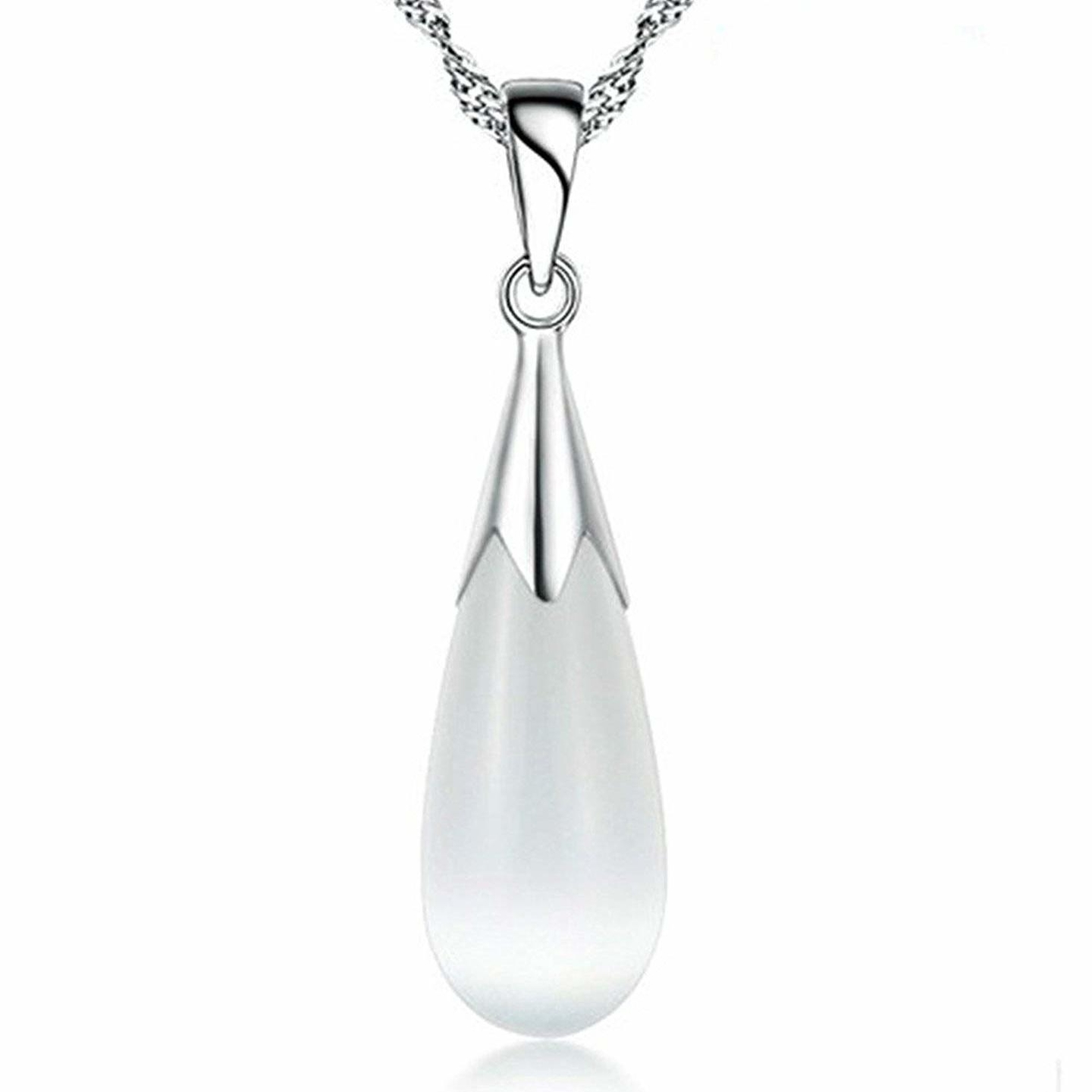 Ashiana 925 Sterling-Silver White Elegant Water-drop Cats Eye Pendant with Chain