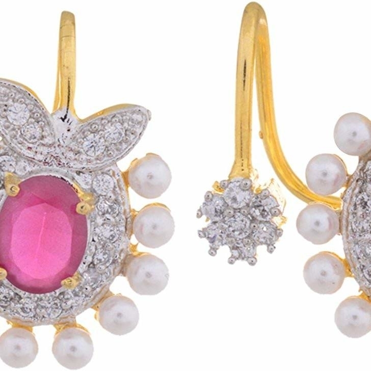 Ashiana Designer Red American Diamond & Pearl Ear Clip Ear Cuff Earring