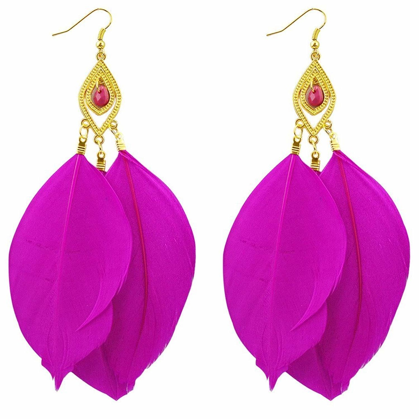 Ashiana Delicate Hot Pink Feather Gemstone tassel Dangle Hook Pendant Earrings