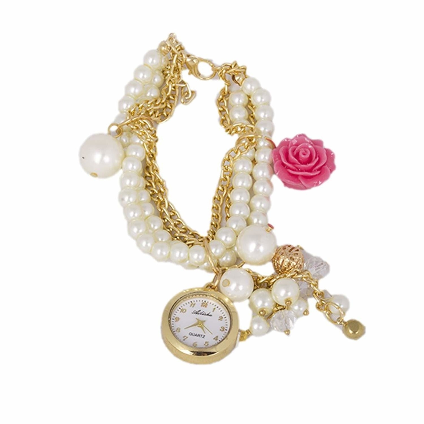 Ashiana stylish multi layer charm pearl bracelet style watch with pink rose