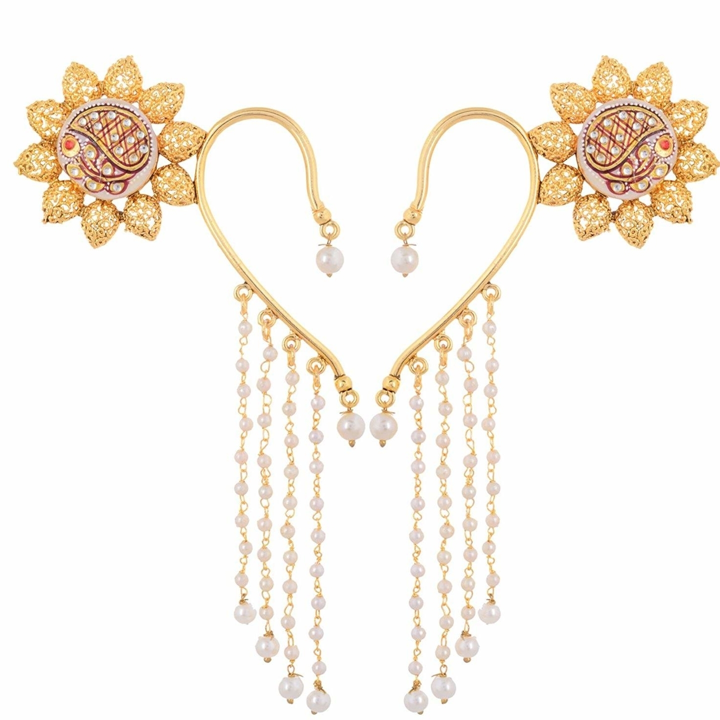 Ashiana Gold Flower with Marble Inlay work and Pearl Tassel Ear Cuff Earring
