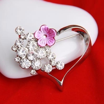 Ashiana heart and rhinestone pink flower brooch valentine special