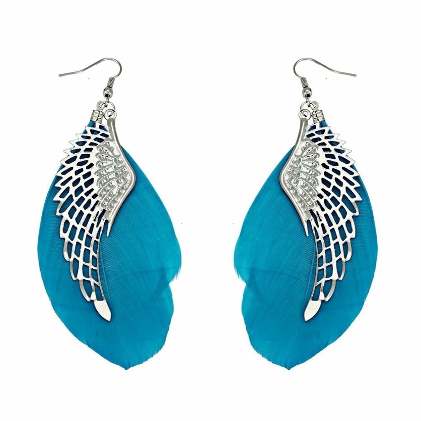 Ashiana Blue Feather Metal Angel Wing tassel Dangle Hook Pendant Earrings