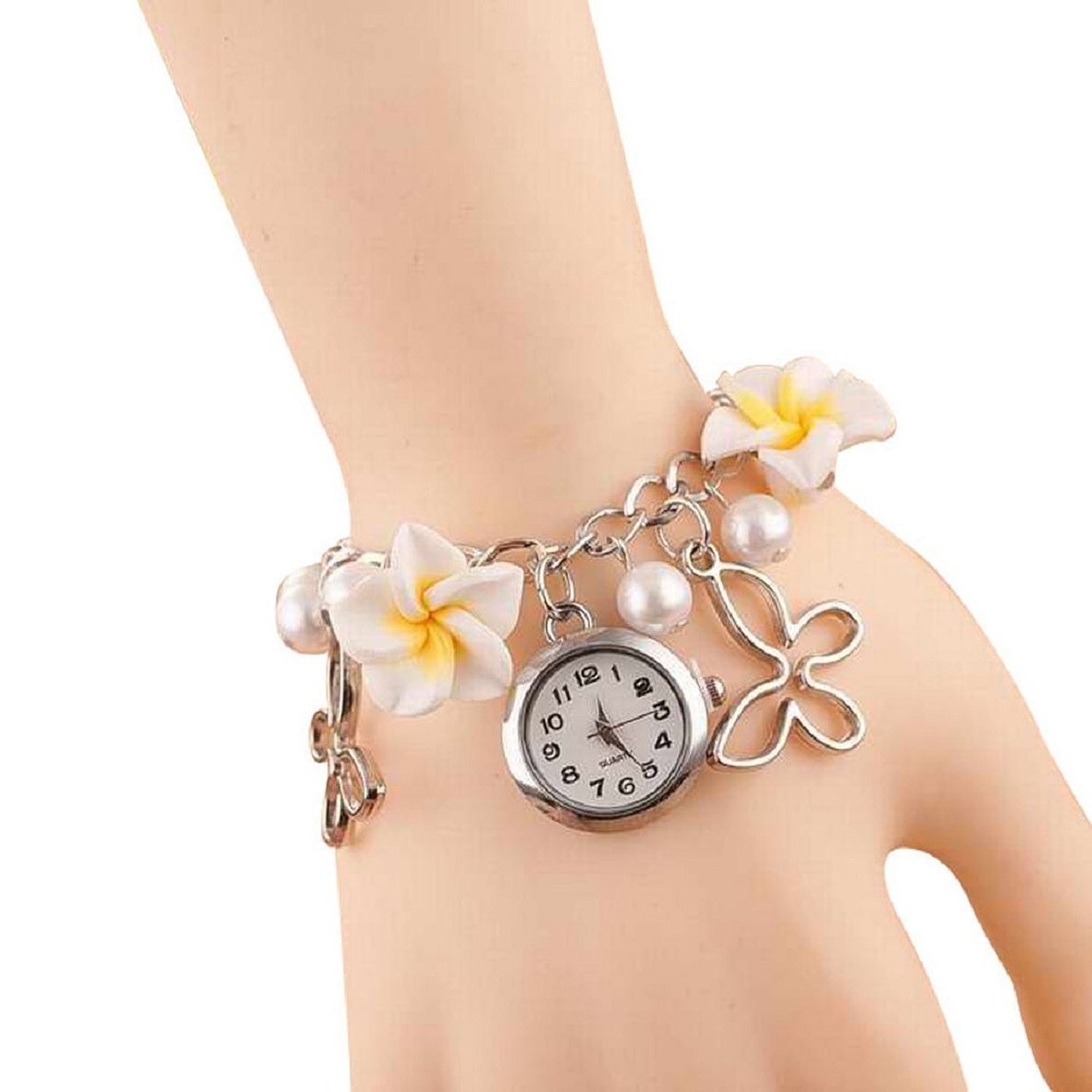 Ashiana Stylish White Flower and Butterfly Charm Bracelet Style Watch
