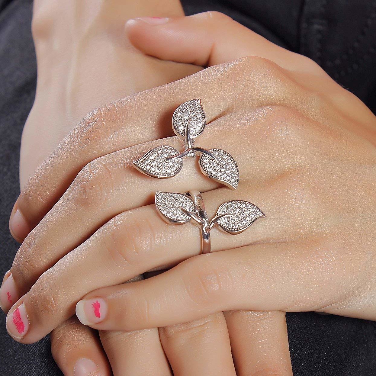Ashiana Designer American diamond Leaf double finger adjustable finger ring