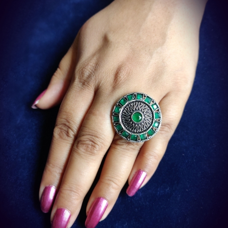 Oxidised German silver green ring