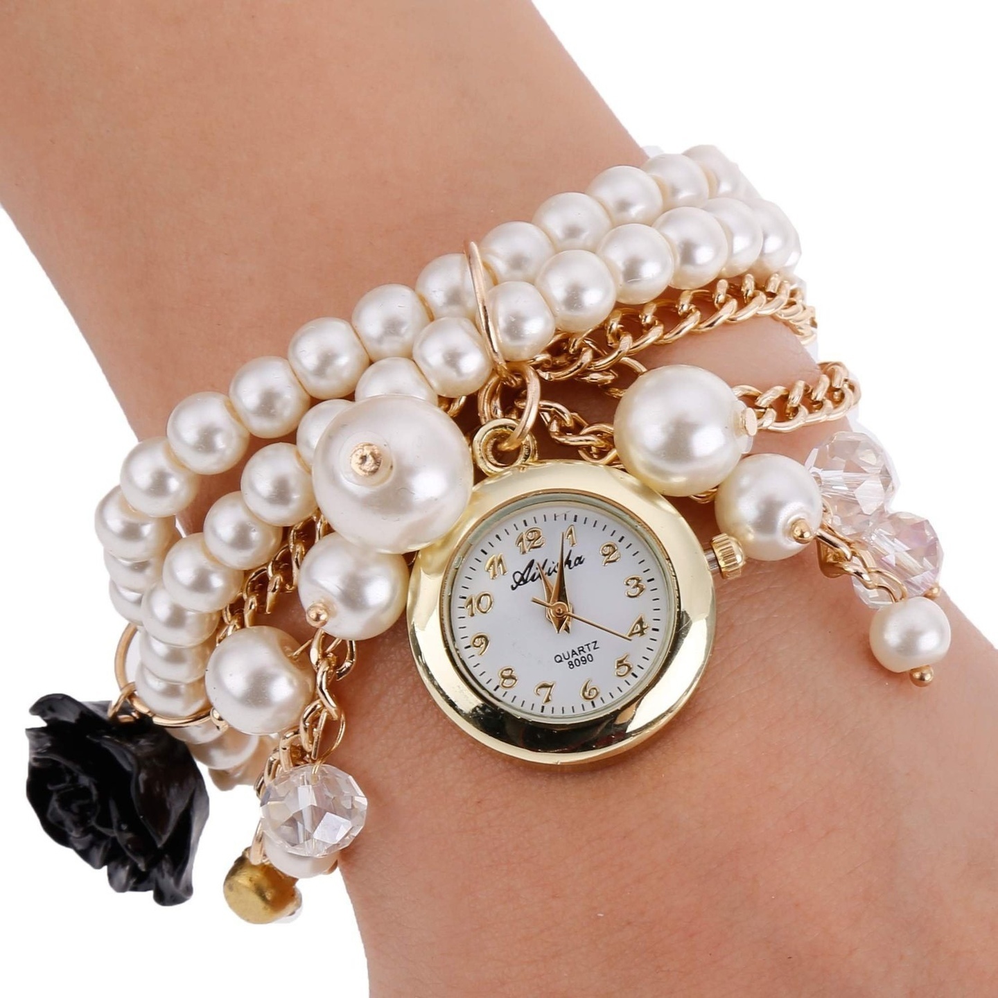 Ashiana stylish multi layer charm pearl bracelet style watch with Black rose