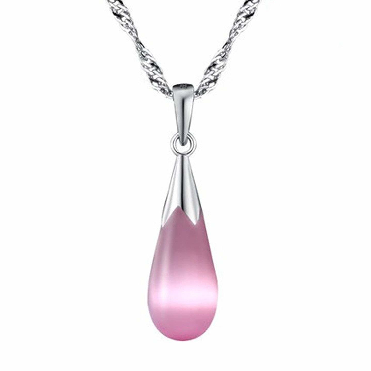 925 Sterling-Silver Pink Elegant Water-drop Cat's Eye Pendant with Chain