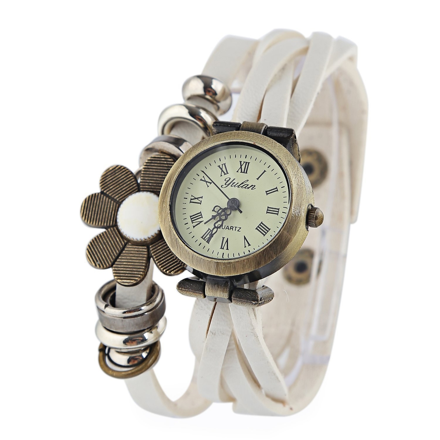 Ashiana stylish leather flower bracelet style watch - White