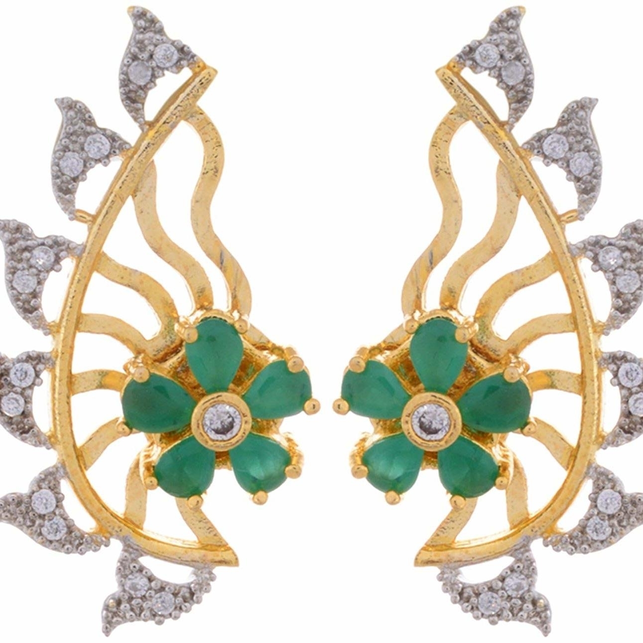 Ashiana Designer American Diamond Green Flower Ear Cuff Earring d2