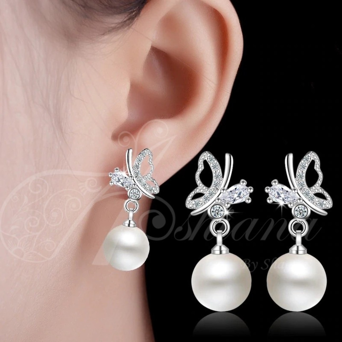 Silver Butterfly Pearl Drop earrings