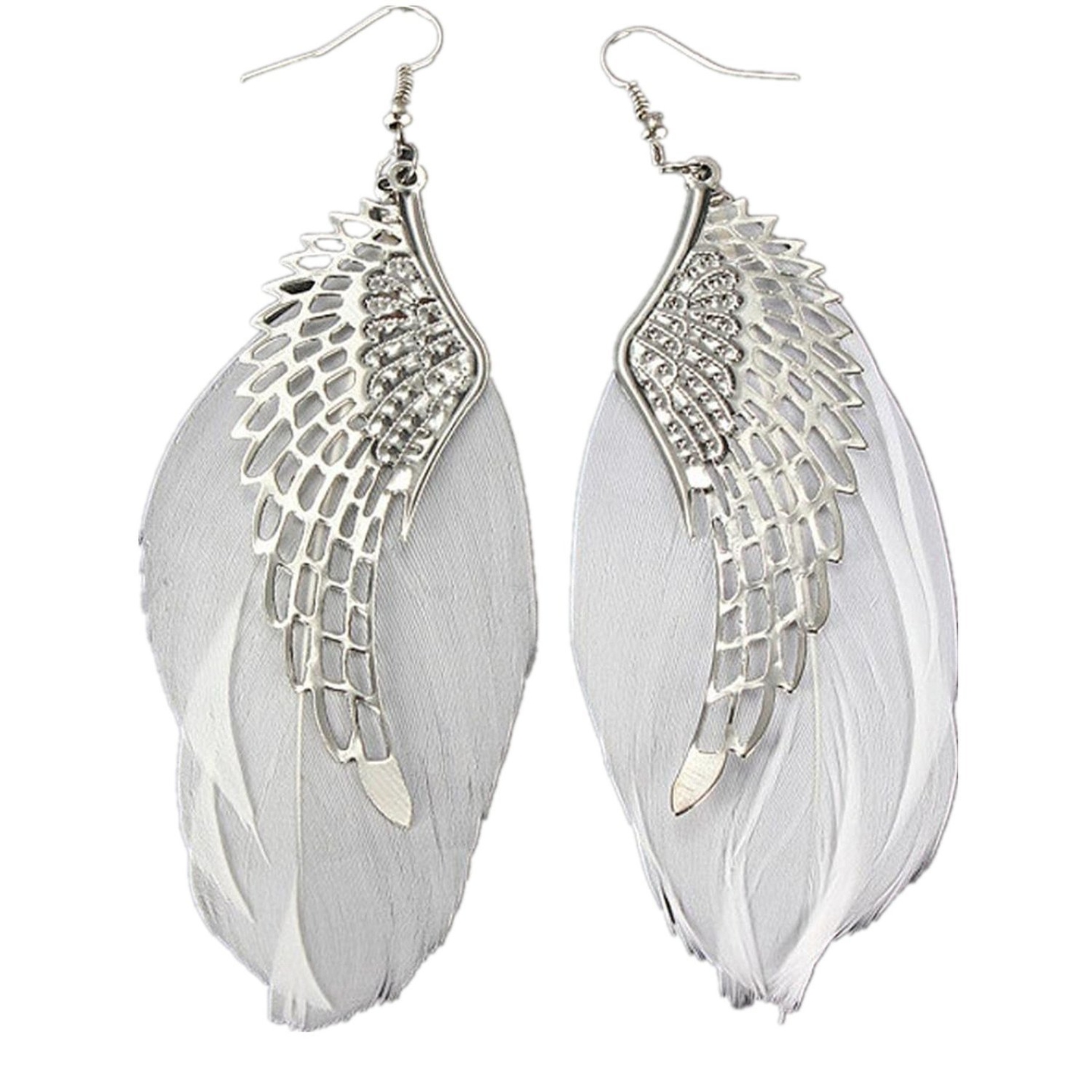Ashiana White Feather Metal Angel Wing tassel Dangle Hook Pendant Earrings
