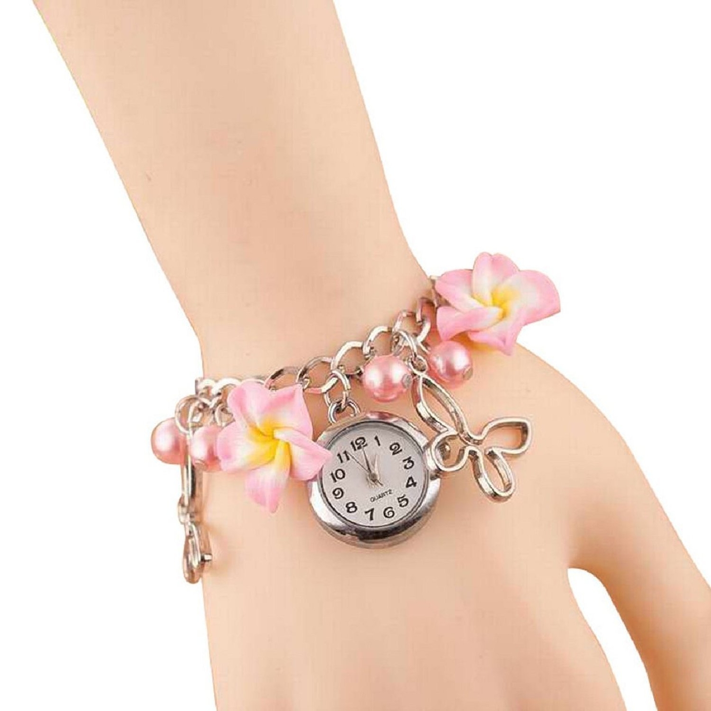 Ashiana Stylish Pink Flower and Butterfly Charm Bracelet Style Watch
