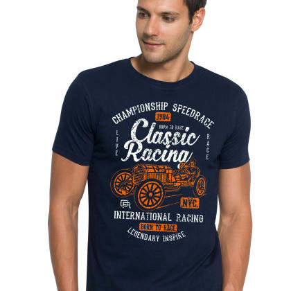 ZorcheeRound Neck Printed Cotton T-Shirt - Navy Blue