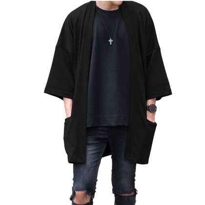 PauseBlack Solid Cotton Half Sleeves Cardigan