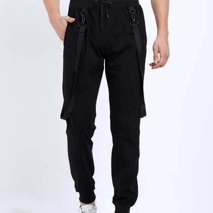 ManiacSolid Black Cotton Joggers With Suspenders MJSB-SKU-49