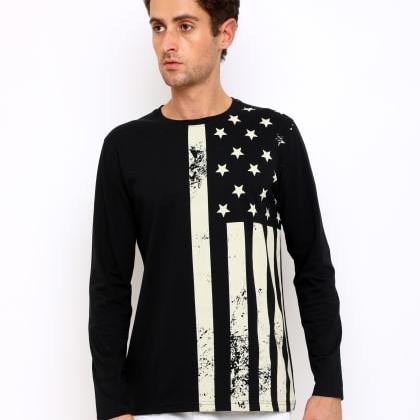 ManiacRound Neck Flag Printed Black Cotton T-Shirt