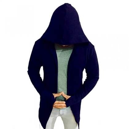 PauseBlue Solid Cotton Hooded Slim Fit Full Sleeve Cardigan