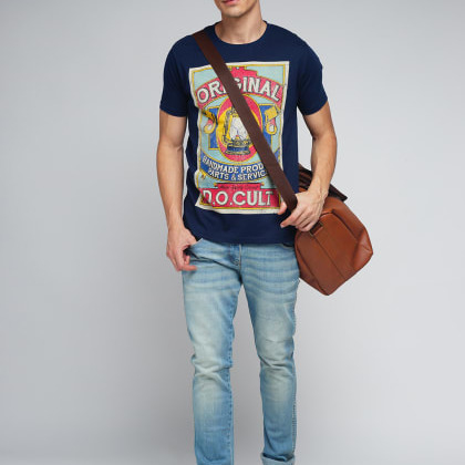 Difference Of OpinionNavy Blue Cotton Graphic Printed T-Shirt OFZ-SCO-104