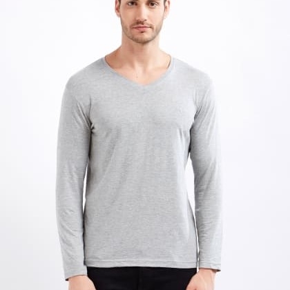 ManiacFull Sleeve Solid V-Neck Grey T-Shirt