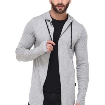 RIGOGrey Melange Hooded With Thumbhole Long Cardigan