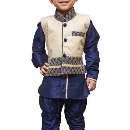 JBN CreationBlue Cotton Silk Kurta Modi Jacket And Breedges Set OFZ-SCO-77