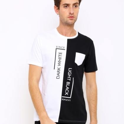 ManiacRound Neck Printed White And Black Cotton T-Shirt MTS-SKU-3