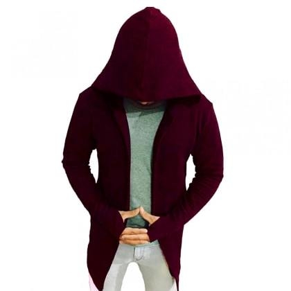 PauseMaroon Solid Cotton Hooded Slim Fit Full Sleeve Cardigan