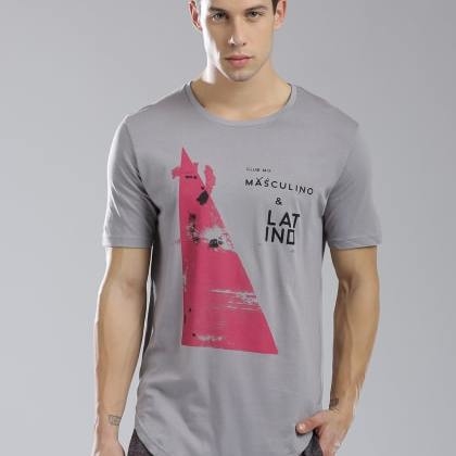 MASCULINO LATINOPrinted Grey T-Shirt With Round Neck