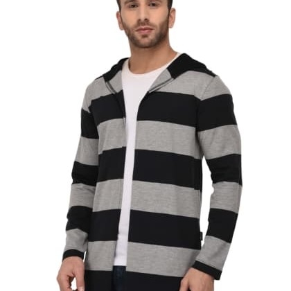 RIGOBlack & Grey Striped Long Cardigan With Hood