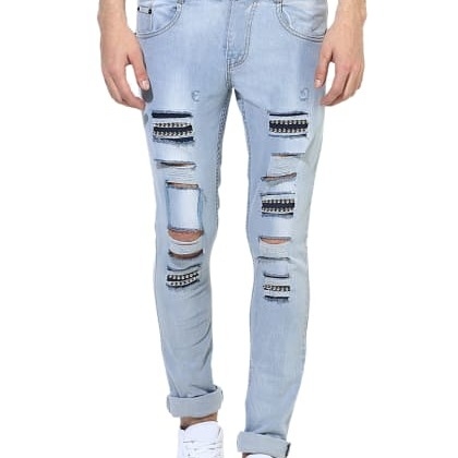 Ripped Patched And Studded Narrow Fit Jeans